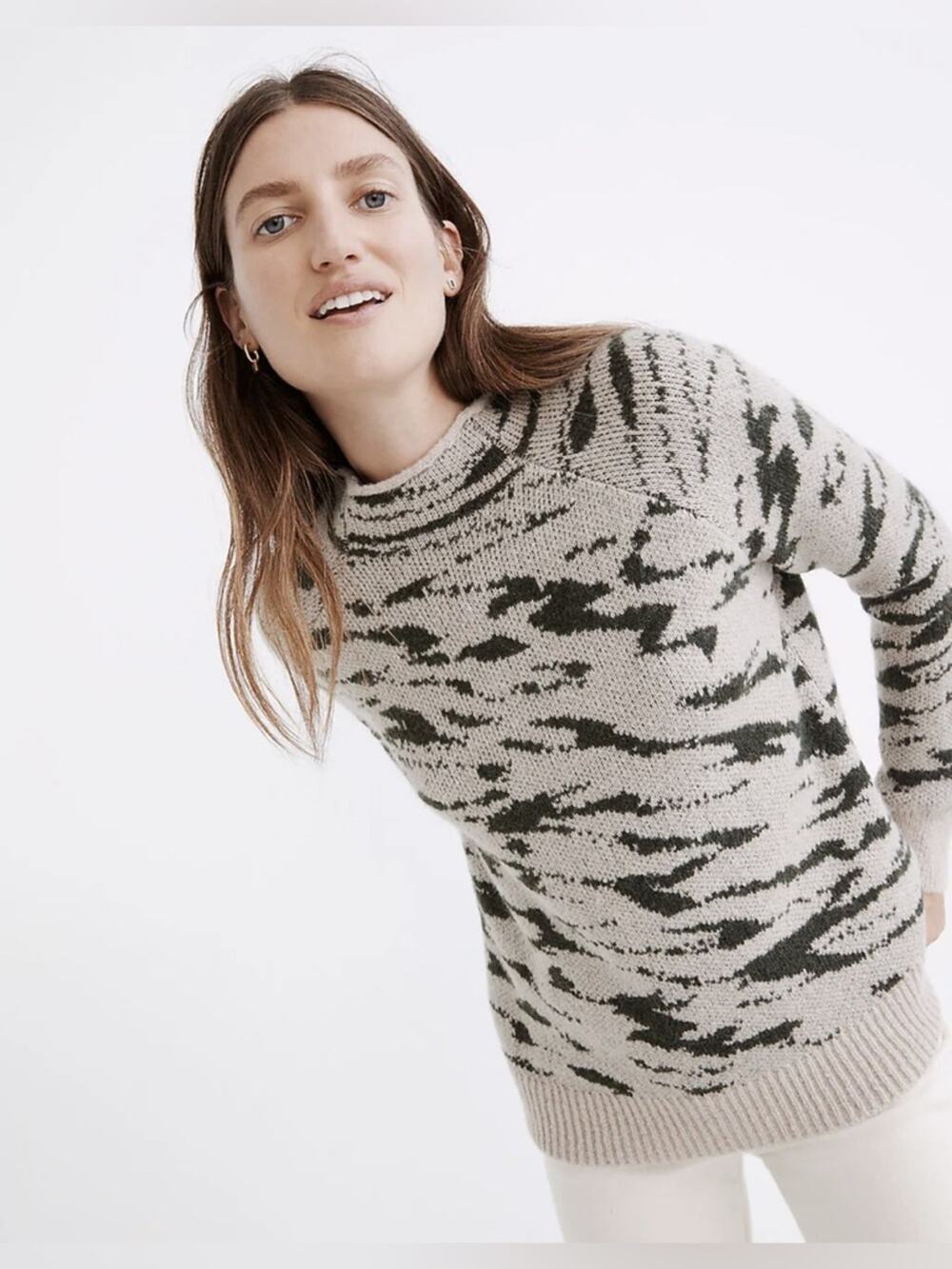 Madewell Thornton Alpaca Blend Mockneck Printed Sweater Green Tan Size Small